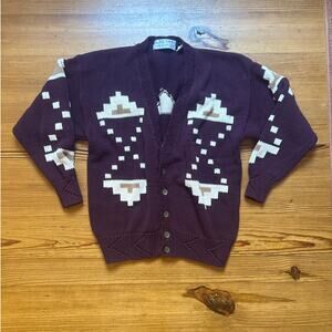 Henry Grethel red hand knit geometric western‎ button cardigan sweater SIZE L